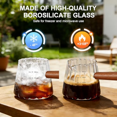 Espresso Measuring Cup, 6 Oz Espresso Shot Glass with ML Scale | Espresso Cups with V-Shaped Spout & Wood Handle, Heat-resistant Borosilicate Glass Pitcher for Coffee, Milk & Syrup - color: 1 pcs
