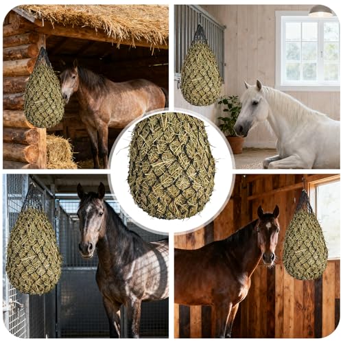 Hay Bags for Horses, 2 Pack Hay Nets for Horses Slow Feed, Goats, Livestock, 40" Large Opening Polyester Rope Hay Nets for Horses with Drawstring, Reduces Waste for Travel Pasture Stall Use