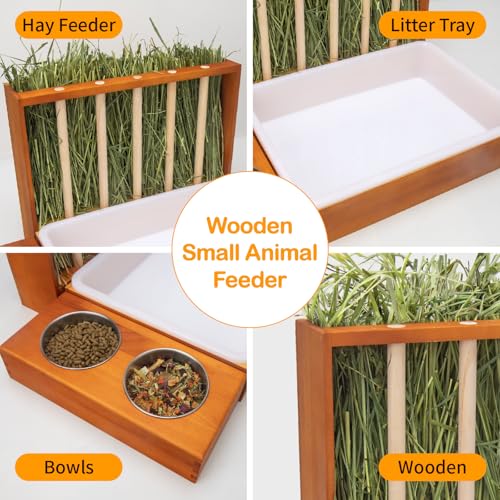 BESNEW 3-in-1 Rabbit Hay Feeder with Litter Box,Upgraded Rot Resistant Rreatment Wooden Hay Feeder with 2 Bowls & Litter Box for Guinea Pigs,Chinchillas,Rabbits & Other Small Animals,Waste Prevention - color: Coffee 1, size: 15.7in Style1