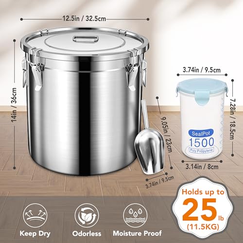 Newget Dog Food Storage Containers, Large Stainless Steel Pet Food Storage Containers 25 lb / 11.5 kg to Keep Fresh, Metal Airtight Cat Food Containers With Scoop and 2 Small Containers - size: 25 lb