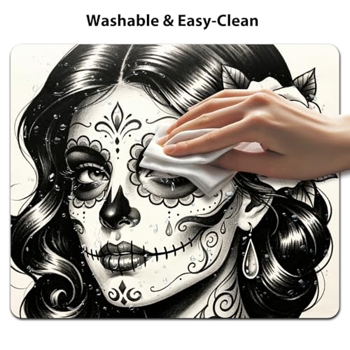 Day of the Dead Sugar Skull Woman Mouse Pad 9.5" x 7.9", Black & White Tattoo Art Cute Desk Mat - color: Floral Skull