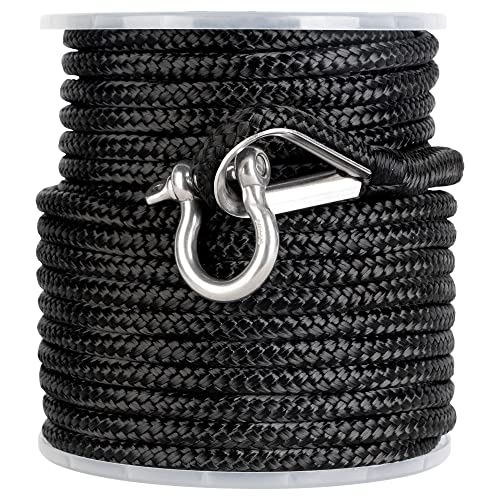 MARINE SYSTEM Made 3/8 Inch 100 FT 150 FT Black Grey Nylon Anchor Line Double Braided Anchor Rope/Line with Thimble (3/8" x 100' Black Nylon) - color: 3/8"x100' Black