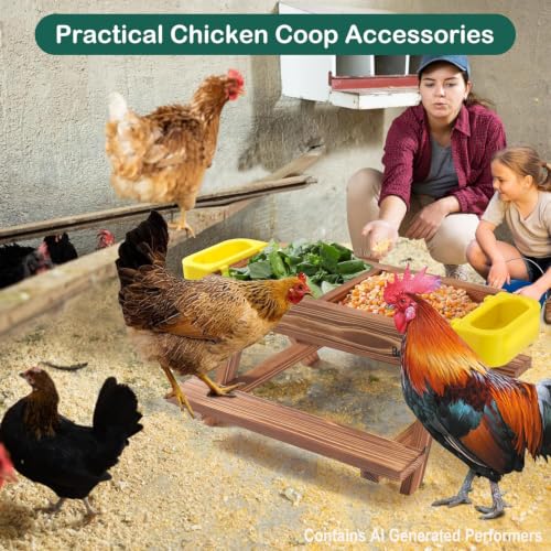 Boulphia Chicken Feeders and Waterers, Chicken Feeder No Waste Kit with Picnic Table and 2 Water Feeder, Handmade Wooden Chicken Supplies & Accessories for Chicken Coop - color: Carbonized Solid Wood