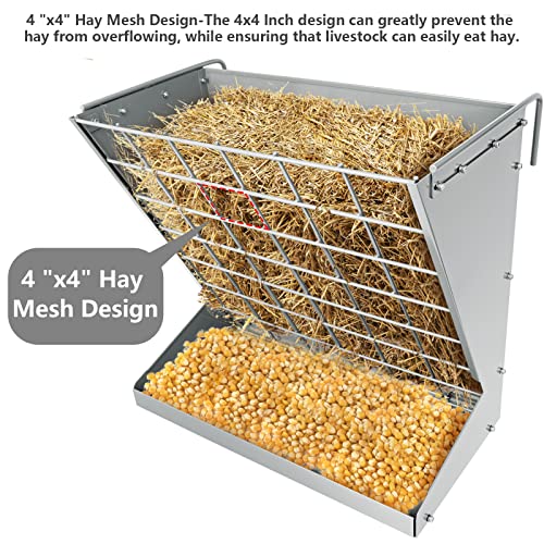 Wall Mount Hay Rack, Metal 2 in 1 Hay and Grain Feeder | Goat Hay Feeder,Livestock Feeder with Adjustable Distance, Hay Feeder for Goats, Sheep, Horse - color: Silver