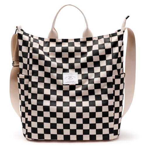 KALIDI Corduroy Tote Bag, Large Slouchy Hobo Messenger Crossbody Bag | Anti Splash Zipper Side Pockets Shoulder Bag Adjustable Strap Lightweight Casual Work Shopping Women - color: Checkerboard