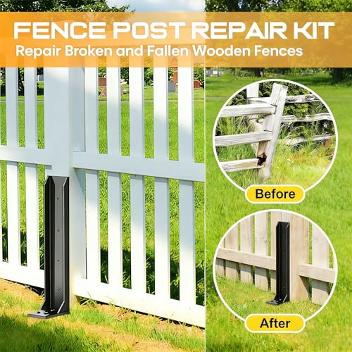 4PCS Fence Post Repair Kit, Heavy Duty Fence Post Anchor Quick Fix for Broken/Leaning Wooden Fence, Easy to Install, Black(16.5+15.75in)