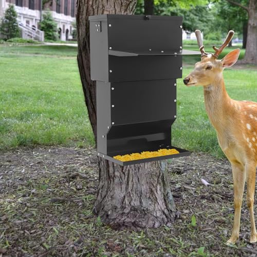 Large Metal Hanging Deer Feeder with Lid, 59Lbs Capacity Heavy Duty Hanging Livestock Gravity Feeder, Carbon Steel Deer Feeding Station