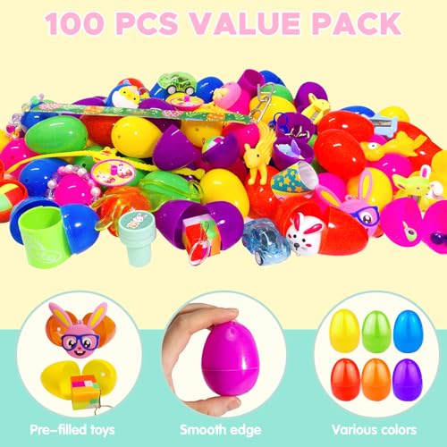 100PCS Prefilled Easter Eggs with Novelty Toys, Plastic Easter Egg Fillers Toys Bulk for Easter Egg Hunt, Easter Basket Stuffers for Kids Toddler Boys Girls Goodie Bag Easter Eggs Filled Party Favors