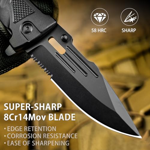 NedFoss Pocket Folding Knife Gift for Men DA75, 3 in 1 Pocket Knife for Men | 3.9” Serrated Blade, Survival Knife with Liner-Lock Belt Clip, Seat Belt Cutter, Glass Breaker, Tacical Gear, Hunting knife - color: Black-Serrated Blade