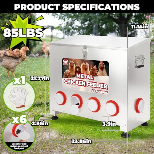Chicken Feeder 85LB,6-Port Metal Poultry Feeder for Chickens, Poultry Coop | No Waste with Locking Lid&Riveted Handles,Adjustable Height,Large Capacity Rainproof Automatic Chicken Feeders