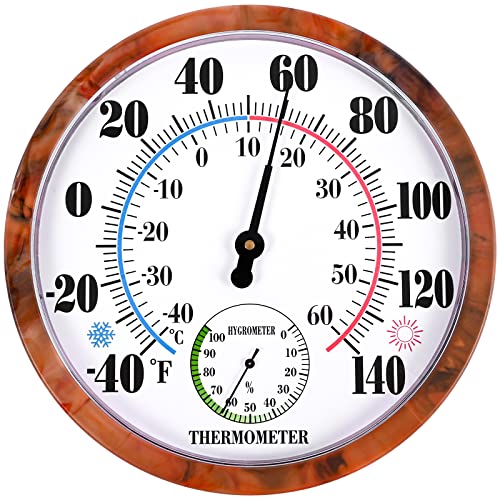 Outdoor Thermometer Hygrometer 10Inch Outdoor Thermometers for Patio | Large Numbers, 2 in 1 Thermometer Hygrometer, No Battery Needed Large Outside Thermometers for Patio (Brown) - color: Brown