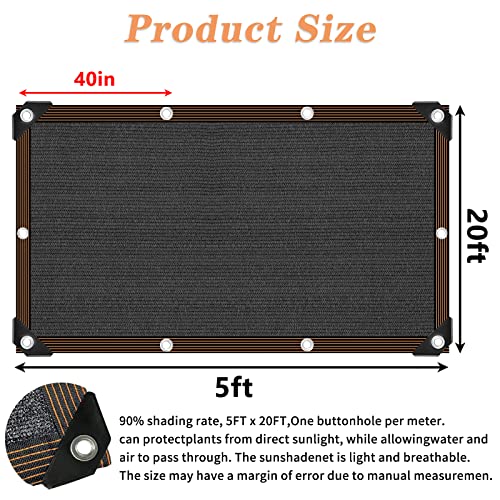 90% Shade Cloth - For Garden Plant, Outdoor Black Shades Cover with Grommets, Pergola, Patio, Greenhouse, Chicken Coop - size: 5x20FT