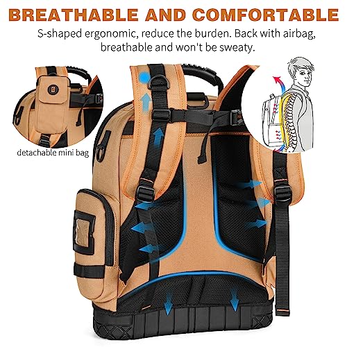 Tool Bag Backpack with 2 Canvas Tool Pouch Tool Kit, 75 Pockets & Loops Heavy Duty Tools Organizer/HVAC Tool Carrier for Eelectrician/Construction Work with Molded Base and Combination Lock, Brown - color: Brown2
