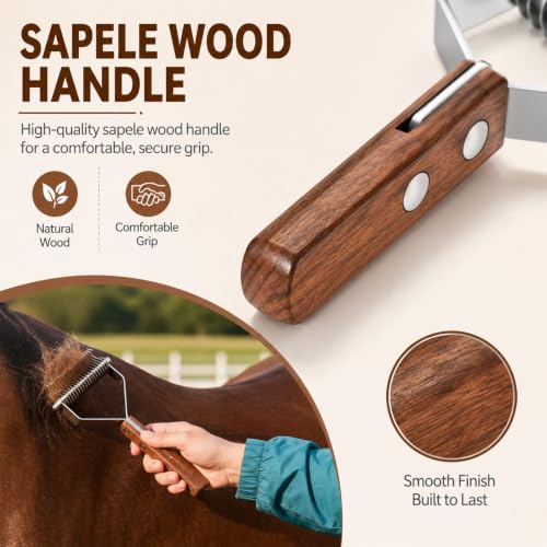 Abbylike 2-sided Livestock Shedding Comb Grooming Dematting Brush Shedding Undercoat Rake for Cattle Horse Goat Cow Pets with 20 Steel Blades and Wood Handle - style: 2-sided