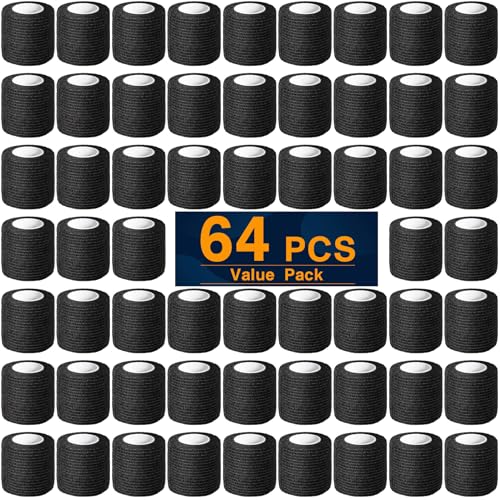 abotrie 64Pcs Self Adhesive Bandage Wrap, Black Athletic Tape, 2 Inx5 Yard | Elastic Self-Adherent Tape, Breathable Sports Wrap, Stretch Cohesive Bandage Wraps for Wrist Ankle Pet