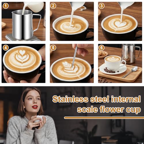 2 Pcs Milk Frothing Pitcher, 32 Oz Stainless Steel Steaming Pitcher for Espresso, Cappuccino, Barista Frother Jug with Tick Mark and Latte Art Pen, Silver
