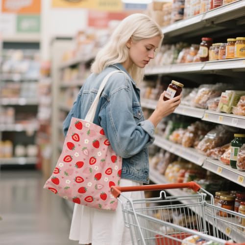 Aesthetic Canvas Tote Bag for Women - with Magnetic Snap Closure & Zipper Inner Pocket Reusable Totes Bag - color: Strawberry1