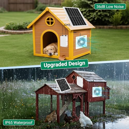 25W Solar Exhaust Fan with Battery for Chicken Coops, Greenhouses & Sheds | 9.8" Solar Powered Fan for Day/Night Use, 3200 RPM High-Speed Low Noise Waterproof Solar Fan for Outdoor, Garages & Pet House - size: 9.8 inches