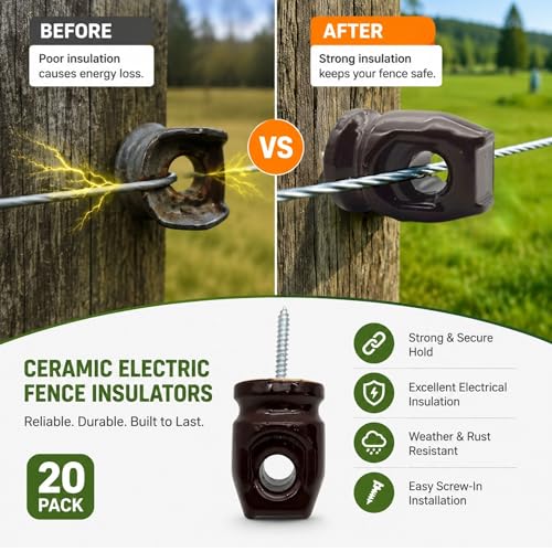 Ceramic Electric Fence Insulators, 20 Pack Heavy Duty Ceramic Insulators | Electric Fence Insulators for Wooden Posts with Galvanized Steel Screw, Easy Install