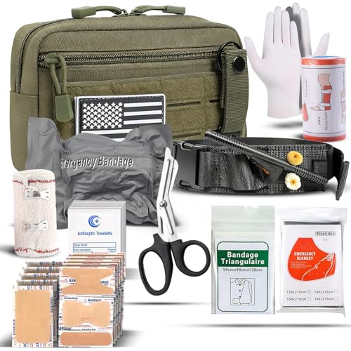 IFAK Trauma Kit with Tourniquet, 4-Inch Israeli Bandage, Elastic Bandages, Set of 34 Pieces Tactical First Aid Kit for Car, Camping, Hiking and Travel - color: Green