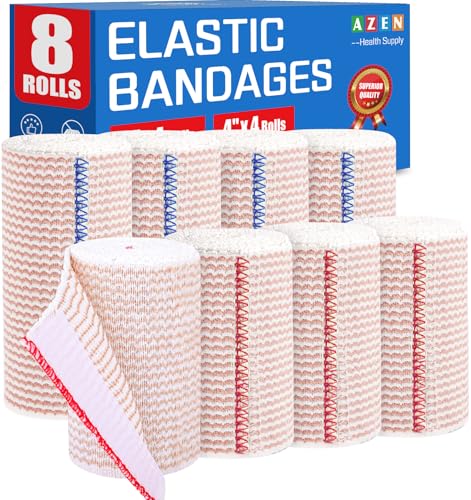 AZEN Premium 8 Pack Elastic Bandage Wrap (4x3", 4x4"), Compression Wrap Bandage for Legs, Ankle, Knee, Tummy, Body, Latex-Free, Lymphedema Wraps for Legs - color: Mix 8p (3in & 4in)