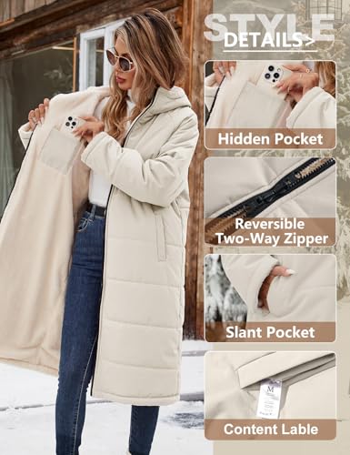 Yusongirl Women's Reversible Long Winter Puffer Coat with Hood and Fleece | Two wearable sides for winter commutes, school runs and city errands, with quilted warmth, soft fleece, a hood and pockets - color: Beige, size: Small