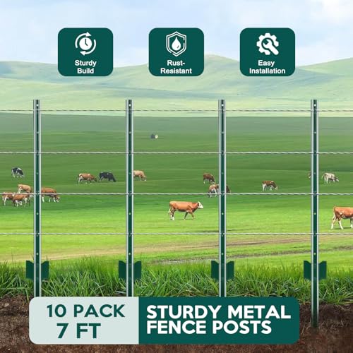 7 ft Fence Post, 10 Pack Heavy Duty Metal Fence Posts, Sturdy Steel T Post | No Dig Fence Stakes, U-Channel Garden stakes for Lawn, Farm, Yard, Orchard and Outdoor Electric Fence Wire, Corner Support - size: 7ft-10 pack