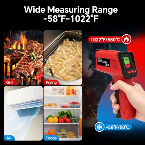Infrared Thermometer Gun, Digital Laser Temperature Gun -58°F to 1022°F, Adjustable Emissivity, LCD Backlight, MAX/MIN Display, Non-Contact Thermometer for Pizza Oven, BBQ, HVAC, Griddle - color: Red