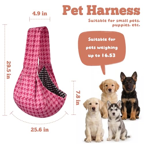 Dog Sling Carrier for Small Dogs and Cats 5–16 lbs, Puppy Carrier Sling with Safety Hook and Storage Pocket, Hands Free Pet Carrier Purse for Travel, Walking, Shopping (Pink Houndstooth) - color: Pink Houndstooth