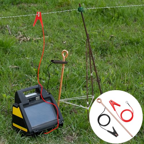 Electric Fence Lead Wire Connector with Grounding Rod, 18AWG 3Ft | Solid Copper Grounding Rod, Oval Easy-Drive Design, Compatible with Solar Fence Energizers & Chargers, Poultry Livestock Farm - style: 3FT(Wire+Grounding Rod)