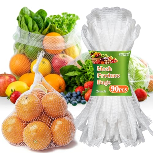 Sukh 90Pcs Mesh Produce Bags - Reusable Seafood Boil Bags 24 Inch | Seafood Mesh Bags for Clam, Crab, Crawfish, White Boiling Bag Net for Vegetables, Potatoes, Eggs, Fruit - color: White