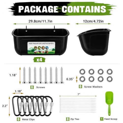 Chicken Feeder Waterer, 4 Pack Hanging Fence Trough, 5 Quart Total Capacity Plastic Feeder with Clips & Screws for Chicken, Duck, Goat, Sheep, Piglet, Dog and Poultry Livestock (Black 4pcs) - color: Black 4pcs
