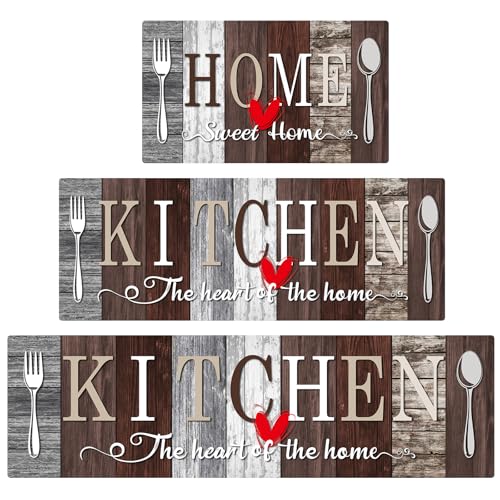 Kitchen Rugs Set 3 Piece, Non Slip Kitchen Mats for Floor, Soft Fabric with Rubber Backing, Farmhouse Anti Fatigue Runners Carpet for Home Kitchen Laundry Room Hallway Rustic Dark Brown & Grey - color: Rustic Dark Brown & Grey