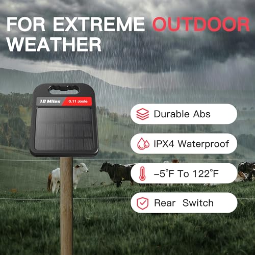 10 Mile Solar Fence Charger 0.11J Electric Fence Energizer with Day Night Mode 24-Hour Protection Black - size: 0.11J Black