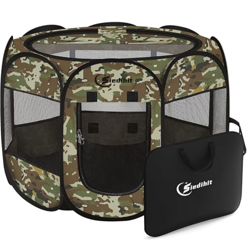 Siedihit Playpen for Small Dog Cat, Dogs Tent Crate Cage Indoor | Outdoor, Portable Pop Up Dog Kennel with Carrying Bag for Rabbits (Green Camo, Small) - color: Green Camo