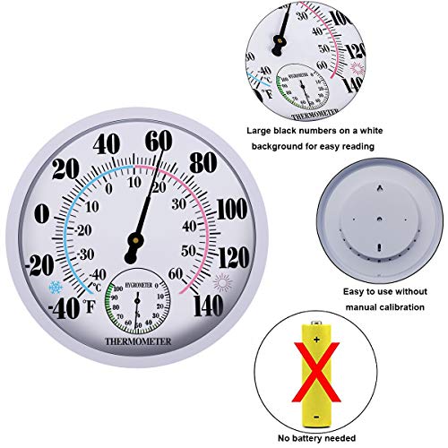 Indoor Outdoor Thermometer Hygrometer - Waterproof Hanging Wall Thermometer Decorative Outdoor Thermometer Large Numbers, No Battery Needed Outdoor Thermometers for Patio - color: White 10", size: 10 Inch