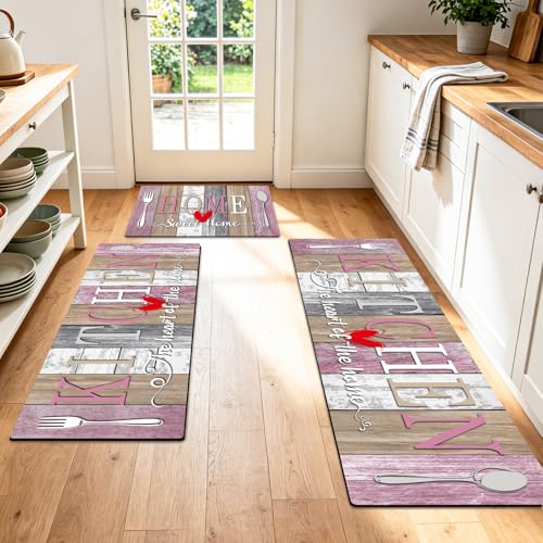 Kitchen Rugs Set 3 Piece, Non Slip Pink Kitchen Mats for Floor, Soft Fabric with Rubber Backing, Farmhouse Anti Fatigue Runners Carpet for Home Kitchen Laundry Room Hallway (Rustic Pink & Grey) - color: Rustic Pink & Grey