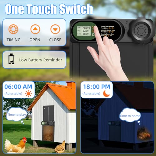 Automatic Chicken Coop Door Opener, Battery Powered & Anti-Pinch Sensor | Aluminum Alloy Door, Large LCD Display, Smart Timer, Waterproof, Auto Open/Close for Hens, Ducks, Geese Poultry