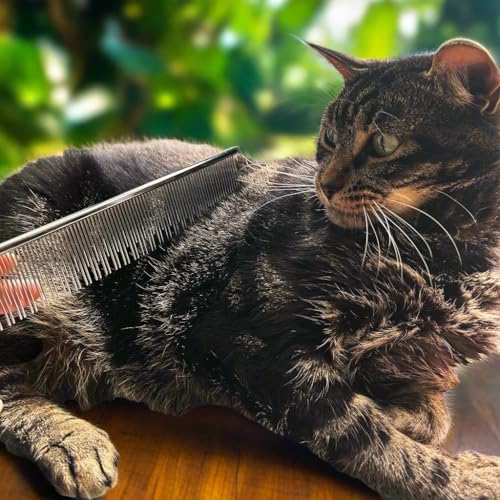 Warren London Carding Cat Comb | 7.5 inches made with Copper | Rounded Tips Prevent Irritation | Dual Tooth Design for Short & Long Hair removes Mats and Tangles - style: Carding Cat Comb
