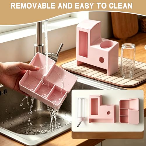 Hamster Water Bottle Feeder, No Drip 2-in-1 Dispenser | 5.51 x 4.33 x 6.49 Inch compact design with hamster water dispenser, hamster food bowl and cage accessories for small pets. - color: Pink