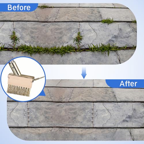 Moss Remover Brush Tool with 65in Handle for Concrete Pavers Crevice | 2 Pcs Wire Grout Brush Head, Detachable Long Handle, Crack Weeder Puller for Outdoor Deck Patios Walkways Roof Moss Removal