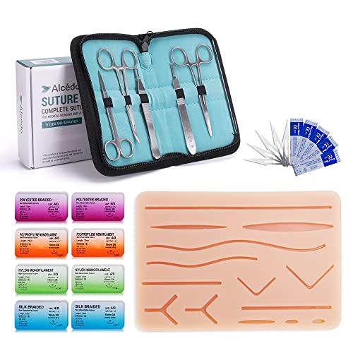 Alcedo Suture Practice Kit (32-Pc), Large Pad, Educational Use Only | Vertical/Horizontal Mesh, Durable Pad, 14 Practice Patterns，20-Pack Sutures in 4 Materials, Complete Tools, Carry Bag - size: Large Pad