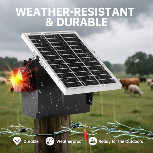 Solar Fence Charger with Warning Light, Briidea 1.2 Joules Solar Electric Fence Energizer, Dual Power (Solar & Adapter), Up to 10-Mile Range, IP64 Weather-Resistant, for Livestock, Garden & Pasture