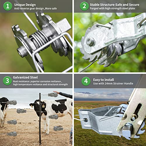 Electric Fence Wire Strainer, Heavy Duty Inline Wire Tensioner, 50PCS Wire Ratchet Tensioner and 1PCS Handle for Electric Fence, Farm Fence