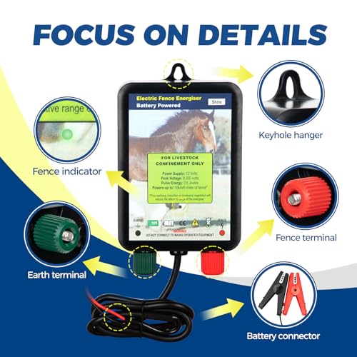 EF050 0.6 Joule Battery-Powered Electric Fence Energizer, 15miles/50acres Electric Fence for Dogs, High Power Low-Impedance Electric Fence for Secure Your Area with Confidence