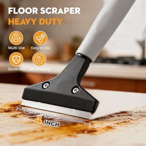 Luvenia Heavy Duty 4-Inch Razor Blade Floor Scraper, 62-Inch Long Handle | 10PCS Extra Metal Blades, Razor Scraper for Cleaning Glass, Floors，Windows, Showers, Tile, Ceilings - size: 62in