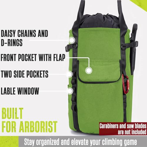 Arborist Rope Bag, 35L Tree Climbing Rope Bag, Arborist Equipment Bucket Backpack, Arborist Gear Carrier Bag with Side Pockets, Tough Rock Climbing Backpack, Rock and Tree Climbing Gear - color: Green