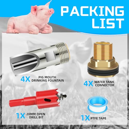 4 Pack Pig Waterer Nipple Kit, Hog Water Nipples for Barrels | Automatic Pig Nipple Water Drinker, 304 Stainless Steel, 28 mm Hole Opener, PTFE Tape, Pigs and Goats - color: Coppery-4 Pcs
