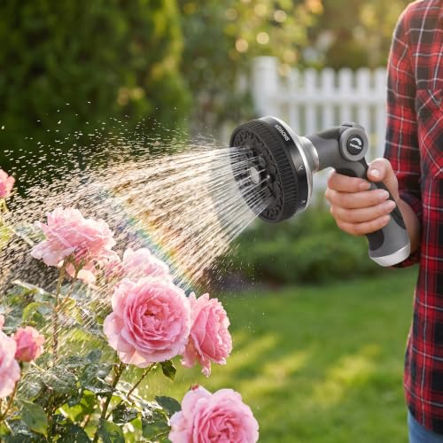 Garden Hose Nozzle, 8 Spray Patterns, 90mm Thumb Control | 8 Spray Patterns, Thumb Control, Zinc Alloy, 3/4" GHT, Universal Fit, Leak-proof - size: 5.24 x 7.58 x 3.94 inches