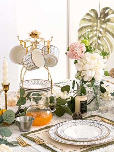 7 Oz Bone China Blue Tea Cup and Saucer Service for 4, Afternoon Porcelain Tea Set with Teapot, Tea Sets For Women Tea Party. - color: White Gold B